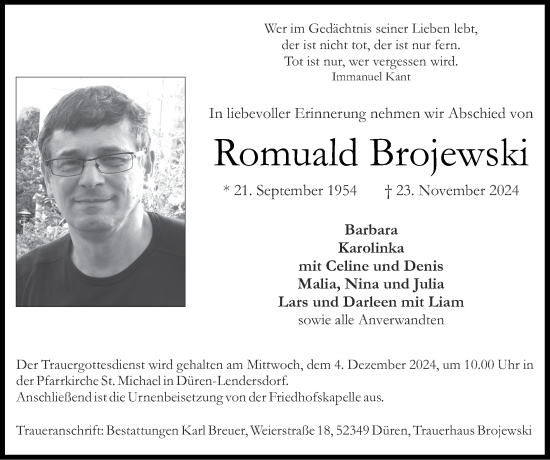Traueranzeige von Romuald Brojewski von Zeitung am Sonntag