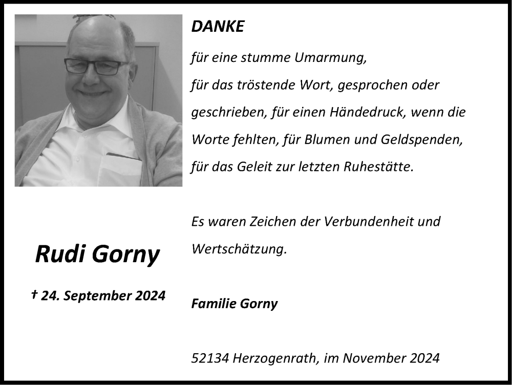  Traueranzeige für Rudi Gorny vom 03.11.2024 aus Zeitung am Sonntag