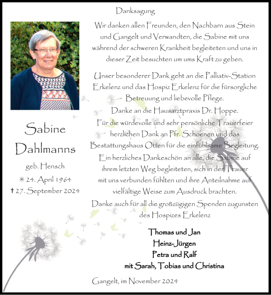 Traueranzeige von Sabine Dahlmanns von Zeitung am Sonntag