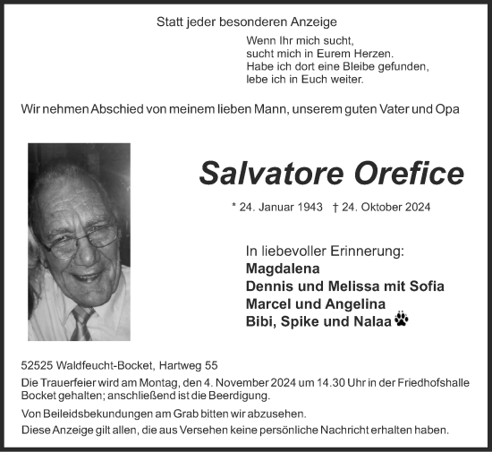 Traueranzeige von Salvatore Orefice von Zeitung am Sonntag