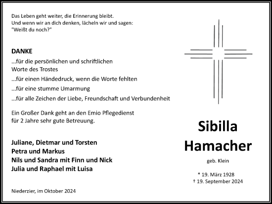 Traueranzeige von Sibilla Hamacher von Zeitung am Sonntag