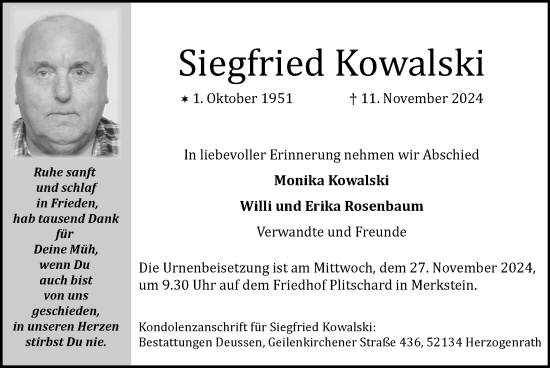Traueranzeige von Siegfried Kowalski von Zeitung am Sonntag