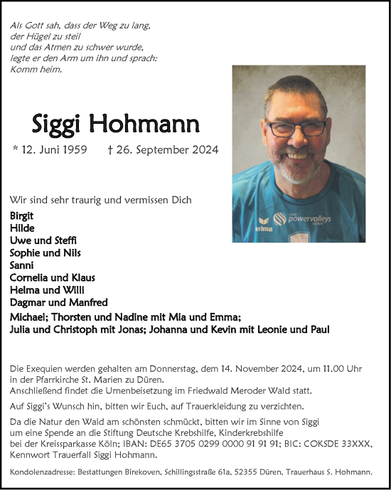 Traueranzeige von Siggi Hohmann von Zeitung am Sonntag