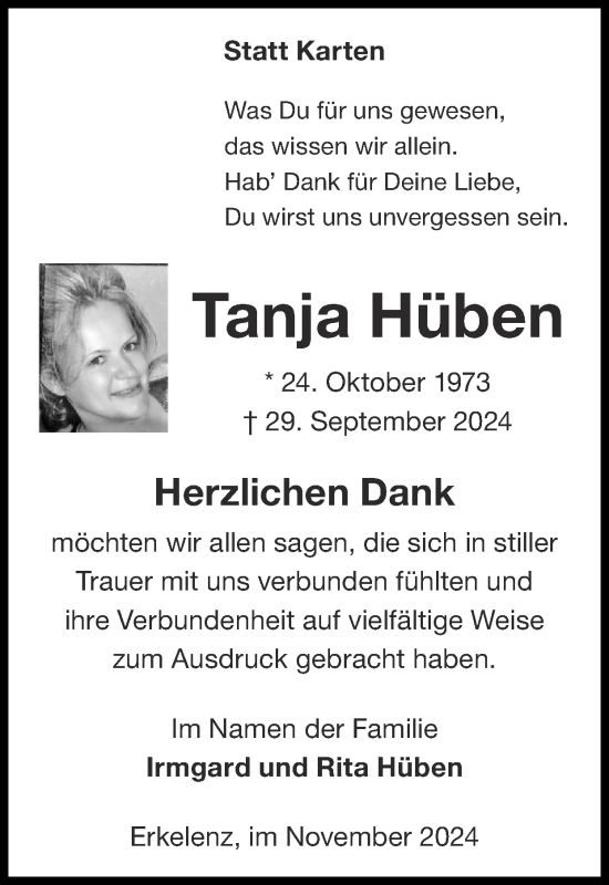 Traueranzeige von Tanja Hüben von Zeitung am Sonntag