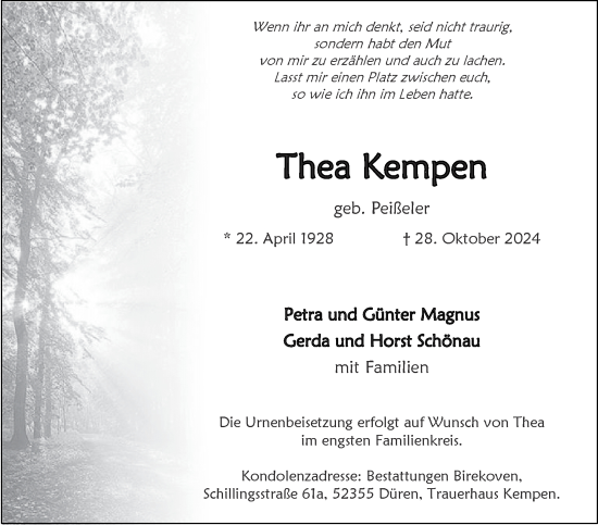 Traueranzeige von Thea Kempen von Zeitung am Sonntag