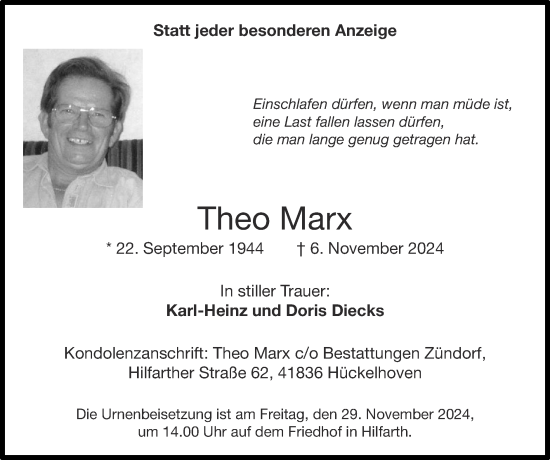 Traueranzeige von Theo Marx von Zeitung am Sonntag