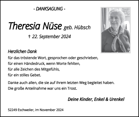 Traueranzeige von Theresia Nüse von Zeitung am Sonntag