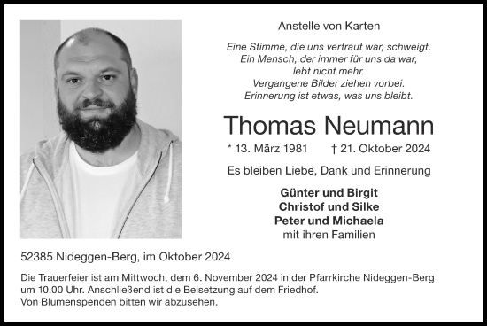 Traueranzeige von Thomas Neumann von Zeitung am Sonntag