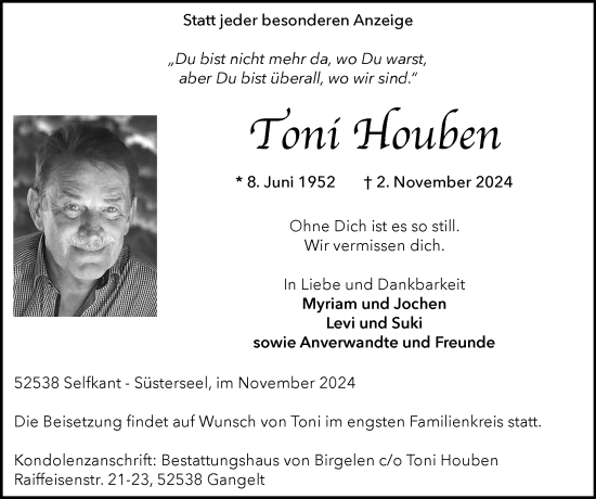 Traueranzeige von Toni Houben von Zeitung am Sonntag