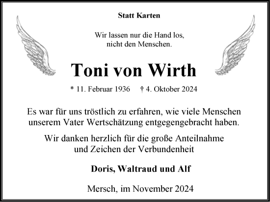 Traueranzeige von Toni  von Wirth von Zeitung am Sonntag