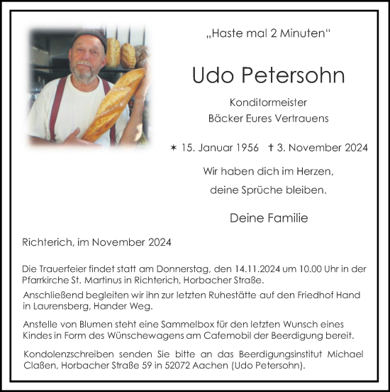 Traueranzeige von Udo Petersohn von Zeitung am Sonntag
