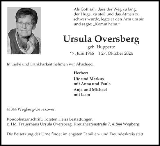 Traueranzeige von Ursula Oversberg von Zeitung am Sonntag