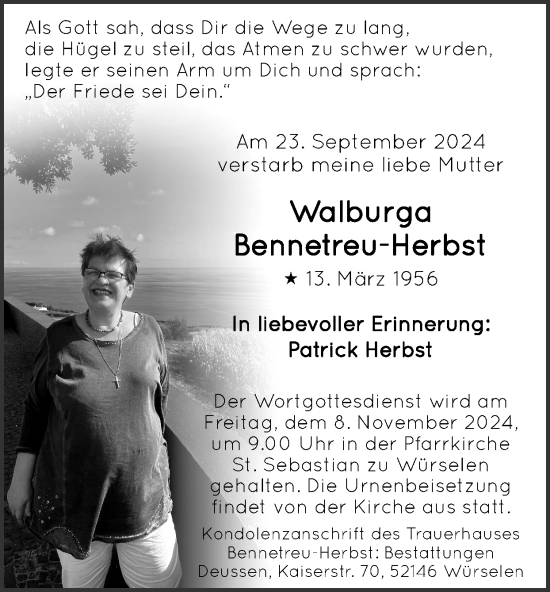 Traueranzeige von Walburga Bennetreu-Herbst von Zeitung am Sonntag