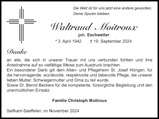 Traueranzeige von Waltraud Moitroux von Zeitung am Sonntag