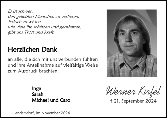 Traueranzeige von Werner Kirfel von Zeitung am Sonntag