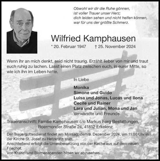 Traueranzeige von Wilfried Kamphausen von Zeitung am Sonntag