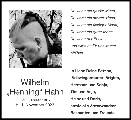 Traueranzeige von Wilhelm Hahn von Zeitung am Sonntag