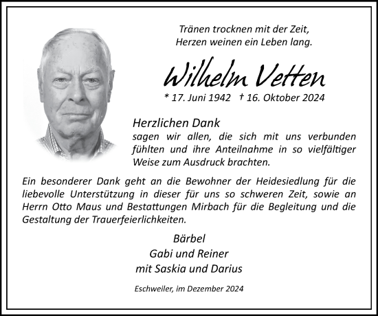 Traueranzeige von Wilhelm Vetten von Zeitung am Sonntag