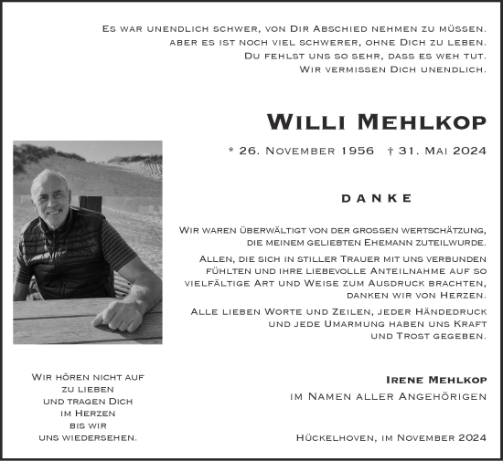 Traueranzeige von Willi Mehlkop von Zeitung am Sonntag