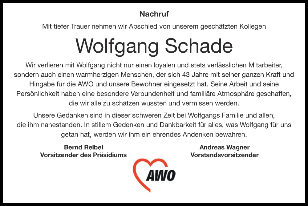  Traueranzeige für Wolfgang Schade vom 10.11.2024 aus Zeitung am Sonntag