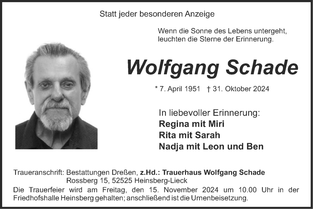  Traueranzeige für Wolfgang Schade vom 10.11.2024 aus Zeitung am Sonntag