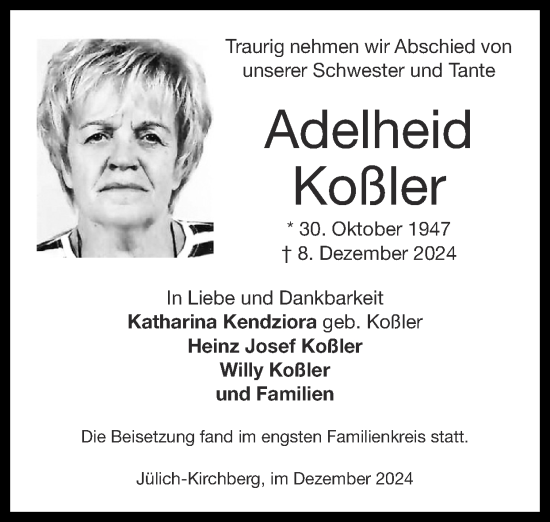 Traueranzeige von Adelheid Koßler von Zeitung am Sonntag