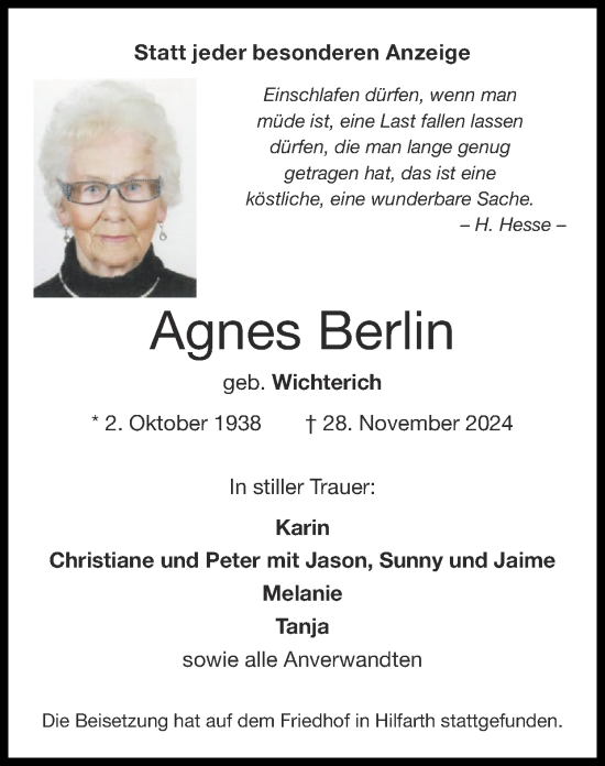 Traueranzeige von Agnes Berlin von Zeitung am Sonntag