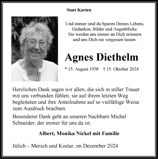 Traueranzeige von Agnes Diethelm von Zeitung am Sonntag