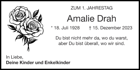 Traueranzeige von Amalie Drah von Zeitung am Sonntag