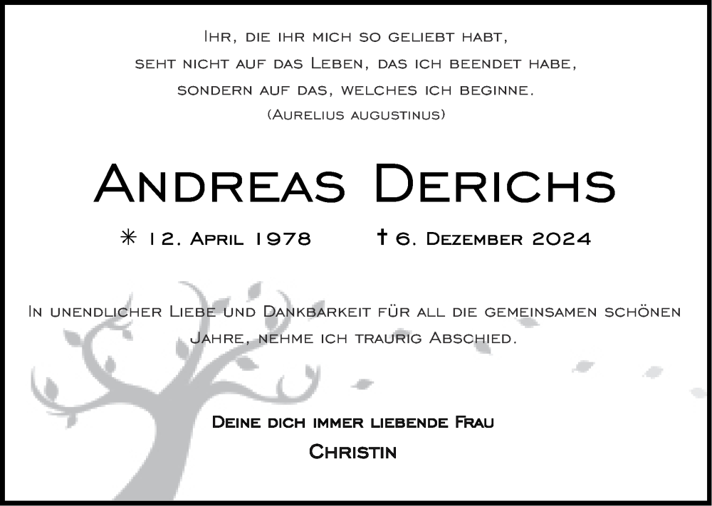  Traueranzeige für Andreas Derichs vom 15.12.2024 aus Zeitung am Sonntag