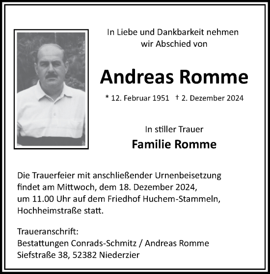 Traueranzeige von Andreas Romme von Zeitung am Sonntag
