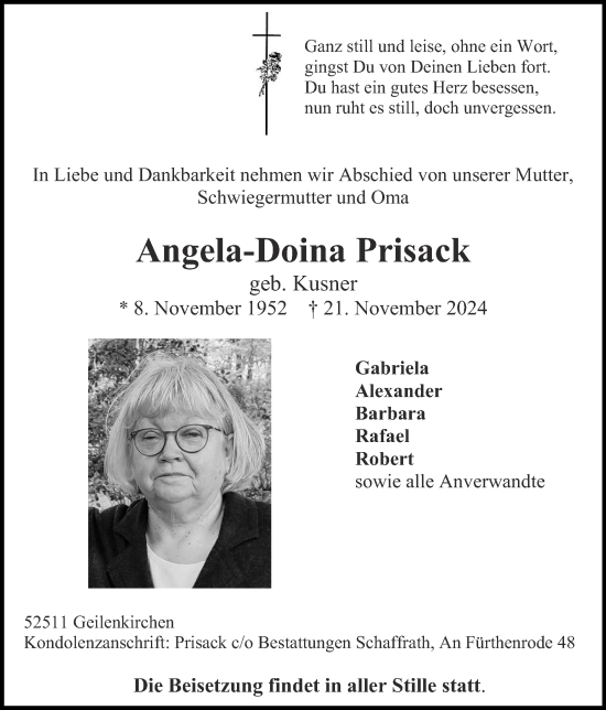 Traueranzeige von Angela-Doina Prisack von Zeitung am Sonntag