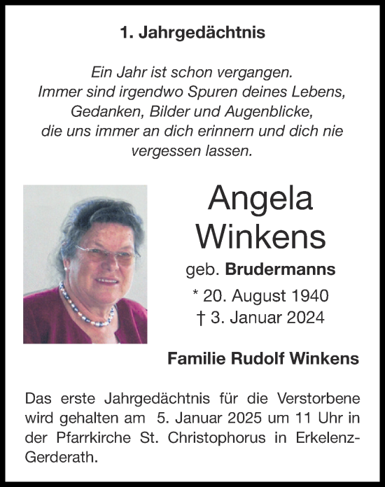 Traueranzeige von Angela Winkens von Zeitung am Sonntag