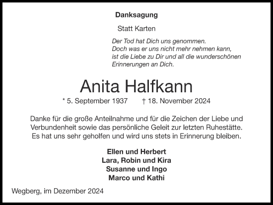 Traueranzeige von Anita Halfkann von Zeitung am Sonntag