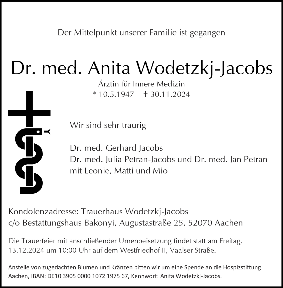  Traueranzeige für Anita Wodetzkj-Jacobs vom 07.12.2024 aus Aachener Zeitung