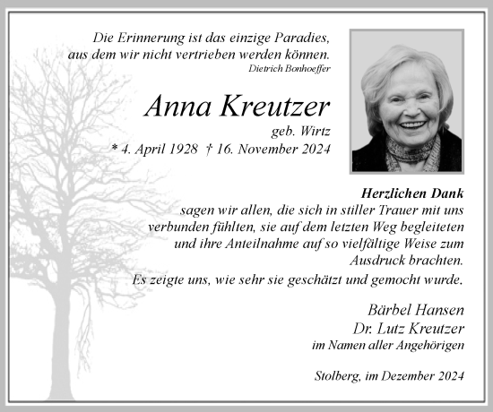 Traueranzeige von Anna Kreutzer von Zeitung am Sonntag