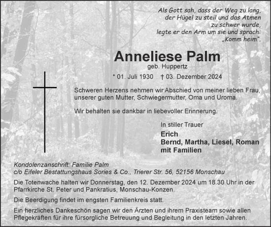 Traueranzeige von Anneliese Palm von Zeitung am Sonntag