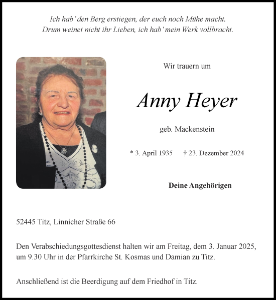 Traueranzeige von Anny Heyer von Aachener Zeitung