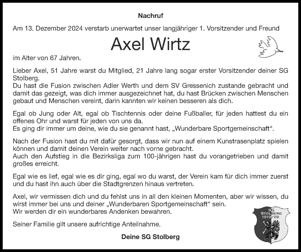  Traueranzeige für Axel Wirtz vom 22.12.2024 aus Zeitung am Sonntag