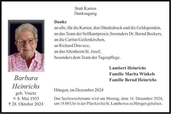 Traueranzeige von Barbara Heinrichs von Zeitung am Sonntag