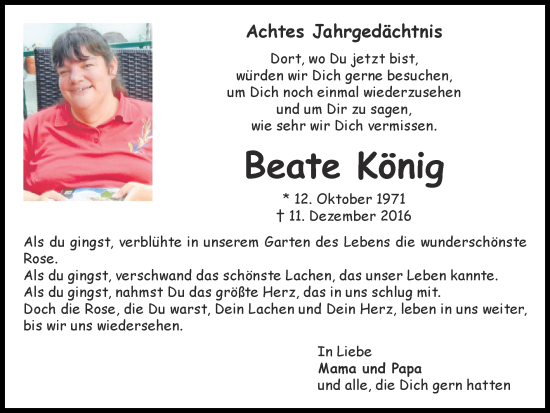 Traueranzeige von Beate König von Zeitung am Sonntag