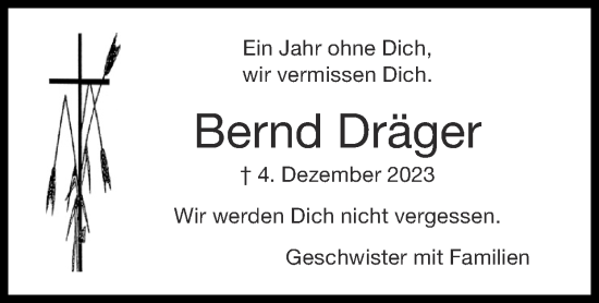 Traueranzeige von Bernd Dräger von Zeitung am Sonntag