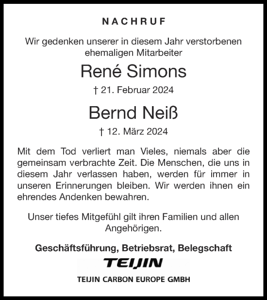 Traueranzeige von Bernd Neiß von Zeitung am Sonntag