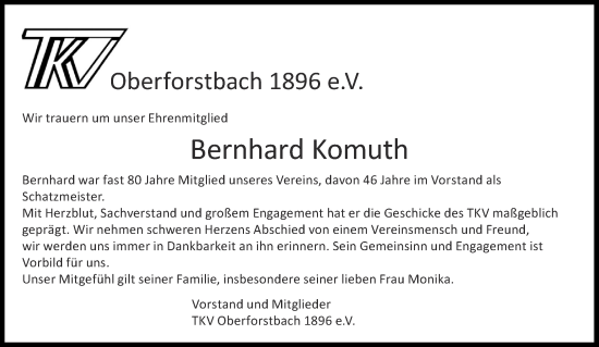 Traueranzeige von Bernhard Komuth von Aachener Zeitung