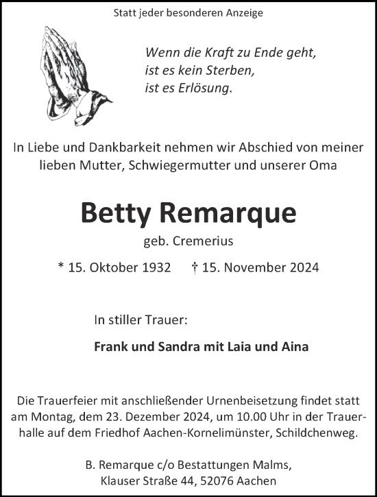 Traueranzeige von Betty Remarque von Aachener Zeitung