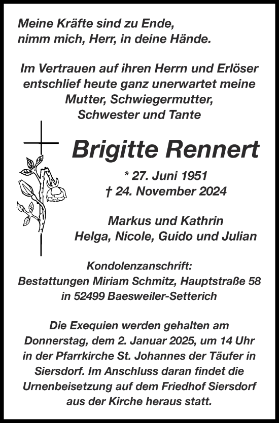 Traueranzeigen von Brigitte Rennert | Aachen gedenkt