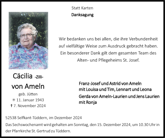 Traueranzeige von Cäcilia von Ameln von Zeitung am Sonntag