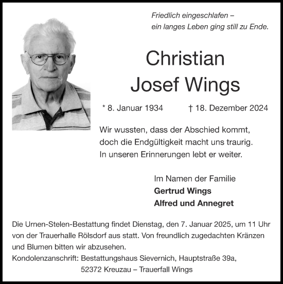 Traueranzeige von Christian Josef Wings von Zeitung am Sonntag