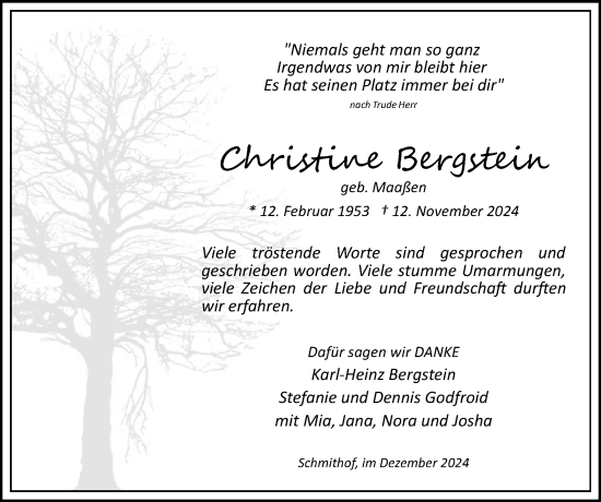 Traueranzeige von Christine Bergstein von Zeitung am Sonntag