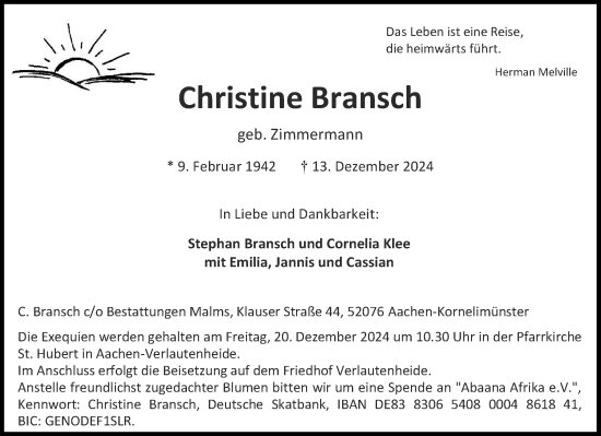 Traueranzeige von Christine Bransch von Aachener Zeitung